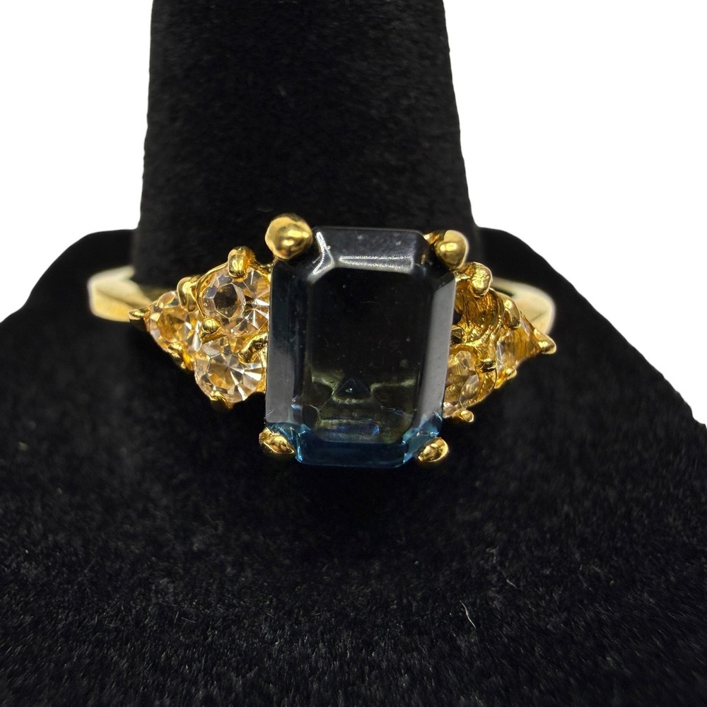 Elegant Gold Tone Ring Blue Emerald Cut Gemstone & Clear Accents Size 9.5